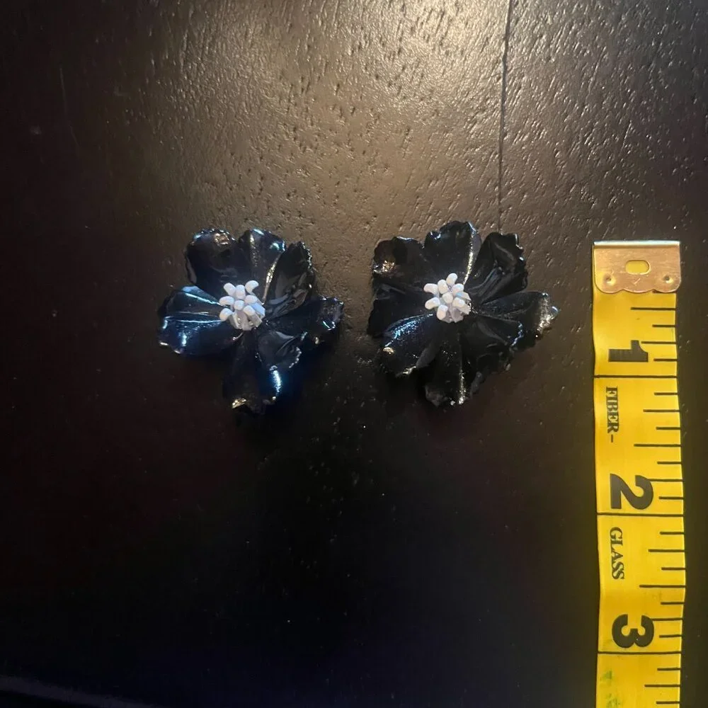 Vintage Black and White Metal Flower Brooch and Clip on Earring Set